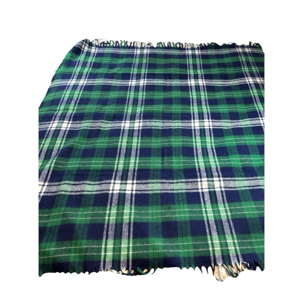 Faribault Woolen Mills Blue-Green-White Plaid Tartan Fringed Acrylic Blanket EUC